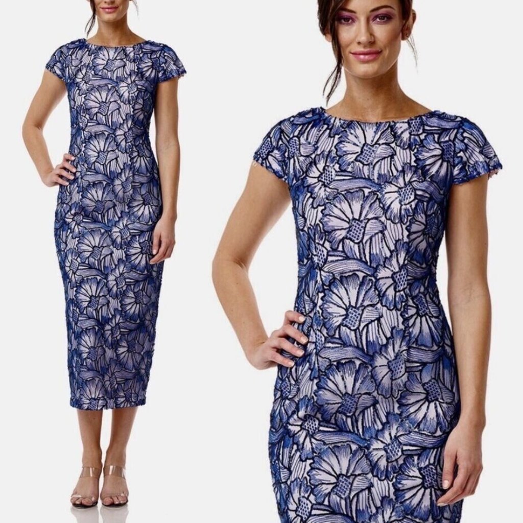 Js Collections Lena Cap Sleeve Tea Length Blue Blush Dress Sz 18